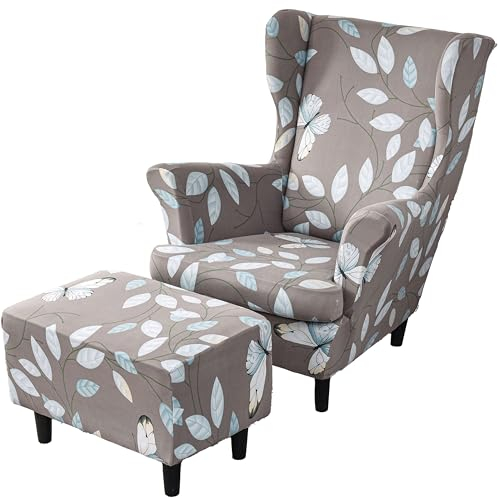 CLGTY 2 Teilig Ohrensessel Überzug Mit Hockerbezug, Drucken Ohrensesselbezüge Mit Ottomane Schonbezug Abnehmbar Spandex Ohrensessel Schonbezuge Für Wohnzimmer-AQ-3 Stück