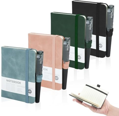 Mulaibdin 4 Stück Notizbuch Klein, Kleines Notizbuch A7 mit Stift, Tragbares Notizblock Klein, Mini Notizbuch mit Elastisch & Ribbon, Notebook Hardcover 200 Seiten für Büro,Schule,Memo