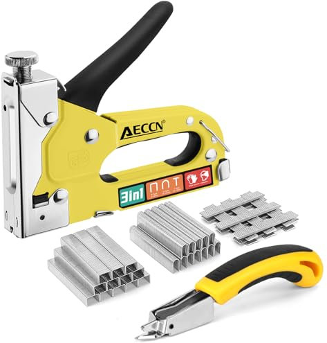 AECCN 3 in 1 Heavy Duty Staple Nail Steel Gun Kit with 2100 Staples, Upholstery Stapler for Fixing Material, Decoration, Carpentry, Furniture, Doors and Windows - Yellow