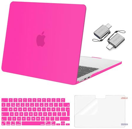 MOSISO Coque Compatible avec MacBook Air 13 Pouces M4 M3 M2 2025 2024 2023 2022 A3240 A3113 A2681,Protection Coque Rigide&Housse Clavier&Protecteur d'écran&2 Adaptateur Type C,Rose Vif