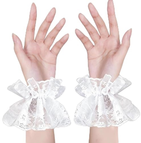 Dmnnlp Spitzenhandschuhe Weiß, Damen Spitze Handschuhe, Elastische Handschuhe Aus Geraffter Floralspitze für Karneval Dinnerparty Abschlussball Cosplay Party Kostüm Accessoire