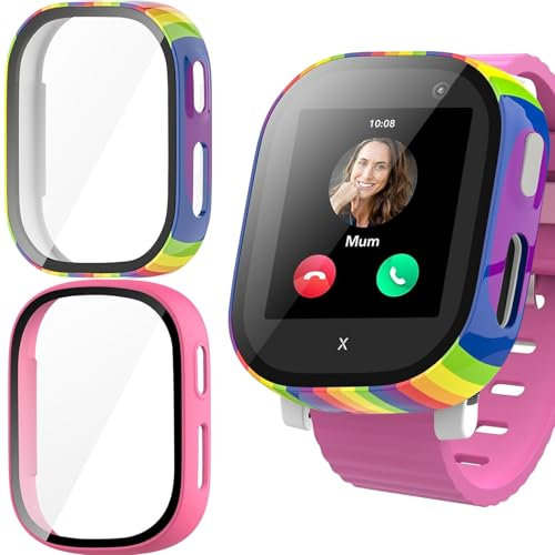 Buoluoioir 2 Stück Hülle mit Displayschutz für Xplora X6 Play Hartglas Schutzhülle, Hard PC Rundum HD Ultradünne Glas Schutz Case für Galaxy Watch 6 Schutzhülle,Buntes Rot+Rosenrot