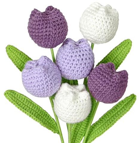 DEMIUKO 6 Stück Künstliche Tulpen Gehäkelte Blumen Häkeln Bouquet Kunstblumen Weiche Gestrickte Tulpe Pflanzen Strick Fake Blumen Geschenk für Mama Freunde Zuhause Büro Vase Deko (Lila Weiß)