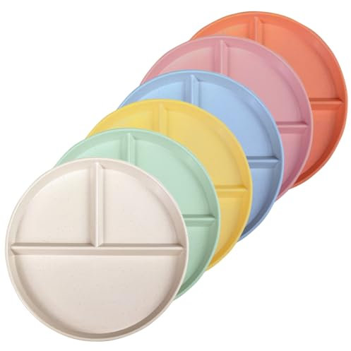WANBY Divided Plates 6Pcs 23cm Lightweight Plastic Unbreakable Dinner Plate Set Tray Non-Toxin Dishwasher & Microwave Safe