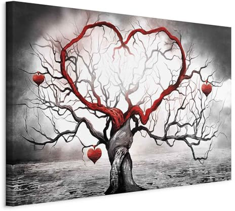 B&D XXL - Tableau décoratif moderne 120x80 cm - Impression sur toile - Décoration murale pour salon et chambre - Arbre en forme de cœur rouge - Branches fines en motif romantique 0101-79