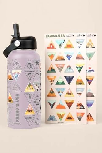 Original National Parks of the USA Bucket List Travel Water Bottle with Waterproof Stickers and Straw | 32 oz Engraved or Screen Printed | Insulated Stainless Steel Vacuum Sealed (Frosty Lilac)