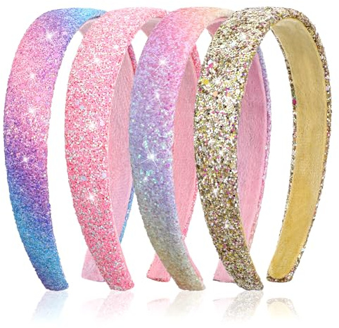 4 Pcs Glitter Headbands For Girls Women Glitter Rainbow Headband Glitter Pink Rainbow White Sparkly Sequin Headband Cute Bling Head Bands For Girl Headbands Hair Accessories Party Holiday