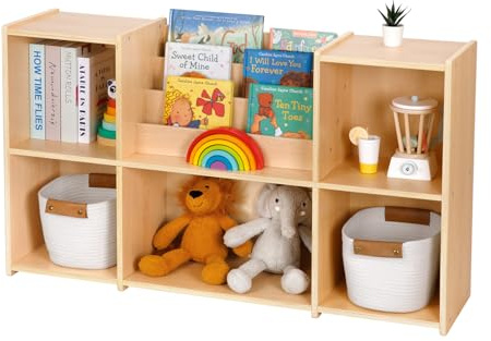 OOOK Kinder Bücherregal und Spielzeugorganizer, 2 stufiges Horizontal Regal | Sperrholz Spielzeugaufbewahrungsschrank mit 5 Fächern und Bücherablage, ideale Wahl für Kinderzimmer Spielzimmer Kindergarten