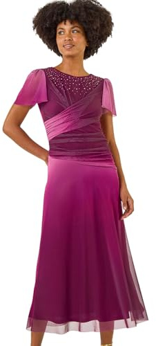 Roman Originals Hotfix Ombre Mesh Midi Dress for Women UK - Ladies Everyday Autumn Winter Round Neckline Comfy Soft Evening Vacation Work Party Night Out - Wine - Size 20