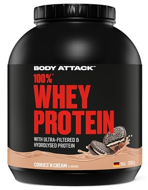 Body Attack 100% Whey Protein Cookies n Cream 2 kg | cremiges Eiweißpulver mit Hydrolysat und BCAA´s, unterstützt Muskelaufbau und Diäten, Made in Germany