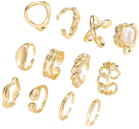 12 Stück Gold Chunky Ringe für Frauen, Dicke Gold Stapelringe Set für Frauen, Offene Verstellbarer Ring, Geeignet für Frau und Mädchen, Geburtstagsgeschenke
