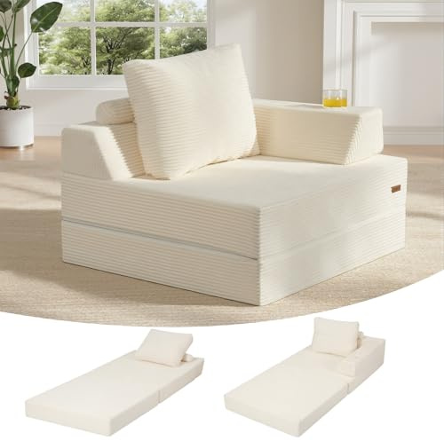 MeMoreCool 3-in-1 Faltbares Boneless Sofa-Bett Cord Beige | Mit Getränkehalter, Hochdichter Schaumstoff, Abnehmbarer Waschbarer Bezug, für Kleine Räume als Futon Gästebett Nutzbar