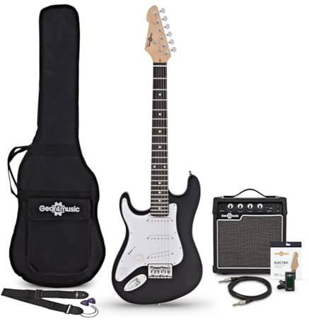 3/4 LA Left Handed Electric Guitar Black, 10W Guitar Amp & Accessory Pack | For Younger Left-Handed Beginners, Player-Friendly Comfortable Design, Portable Amp with Headphone Output, Gig Bag Included