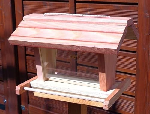Vogelfutterhaus BTV-X-VOFU2G-rot002 XL Premium Vogelhaus mit großem 3D-SILO + RIESEN-SICHTSCHEIBEN Vogelfutterhaus 50 cm Rot lachsrot behandelt Nützlinge im Bio-Garten rotes Premium Vogelhaus mit gr
