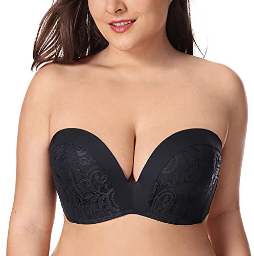 DELIMIRA Femme Soutien-Gorge sans Bretelles Anti-Glissant Bandeau Push Up Noir 100E