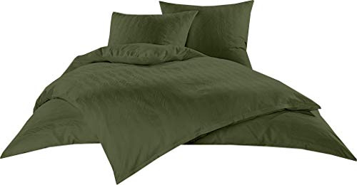 Bettwaesche-mit-Stil Mako Satin Damast Bettwäsche Garnitur Waves Dunkel Grün (Olivgrün) (200 cm x 200 cm + 2X 80 cm x 80 cm)