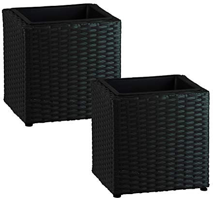 Simpa Handmade Poly Rattan Square Black Weave Planter & Insert Pot - 28cm (H) x 28cm (W) x 28cm (D) - Suitable for Indoor and Outdoor use - Set of 2