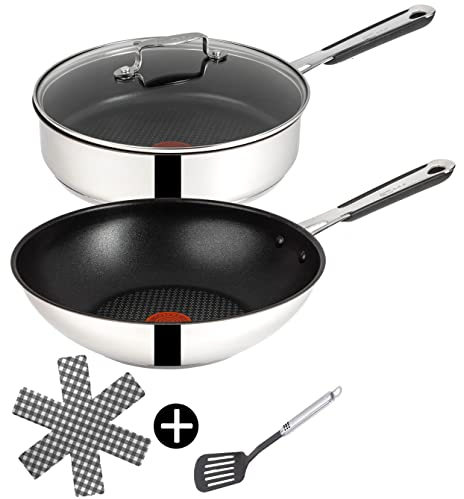 Tefal E30 Jamie Oliver Pfannenset Induktion 5 tlg -SET8- WOK-Pfanne 28 cm tief + Schmorpfanne 25 cm mit Deckel, Pfannen mit Hochrand, Spülmaschinenfest + Ofenfest, Silber
