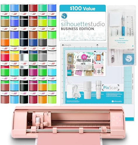 Silhouette Cameo 4 Pink Bundle mit Wärmetransfer-Starter-Set, 12 Blatt bedruckbares HTV, PixScan-Matte, Vinyl-Werkzeugset, 120 und Zugang zu E-Books, Tutorials, Kursen