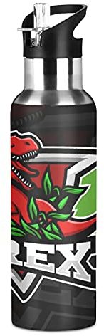 Vnurnrn Mignon Bébé Dragon Dinosaure Bouteille d'eau Isotherme avec Paille en Acier Inoxydable Gourde 600ML, Sans Bpa Gourdes Eau pour Enfant Sport Randonnée École Bureau