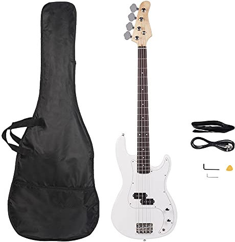 Bonnlo Electric Bass Guitar 4 Strings Full Size for Beginner Exquisite Basswood Burning Bass with Bag, Strap and Accessories (White)
