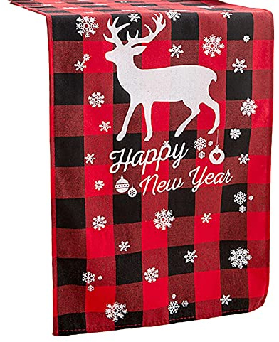 Chemin de table RENRUIRUI À Carreaux Rouge Et Noir Buffalo avec Imprimé Flocon De Neige Blanc Décor De Table De Dîner De Famille pour Noël Et Nouvel an 13 X 71 Pouces