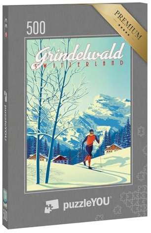 puzzleYOU: Puzzle 500 Teile „Grindelwald Schweiz - Vintage Illustration“