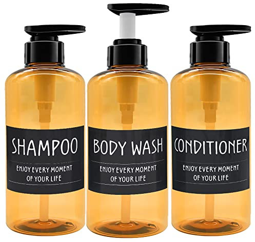 3er Pack 500ml Shampoo Flasche Pumpe Spender mit Etikett, Leere Plastik Seifenspender Flasche mit Pumpe für Bad, Küche oder Hotel, Nachfüllbarer Flüssigkeitsspender für Lotion, Duschgel und Spülung