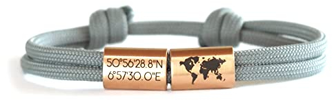 Koordinaten Segeltau Armband, Weltkarte, Wunschgravur, Surfer Armband, Weltenbummler, Reisen, Armband mit Gravur, Edelstahl