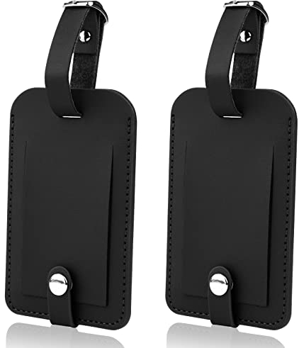 Flintronic 2 Pcs Luggage Tags, Leather Baggage Labels, Suitcase Name ID Card Tag Set, Leather Tags Travel Handbag Accessories for Preventing Loss of Bags(Black)