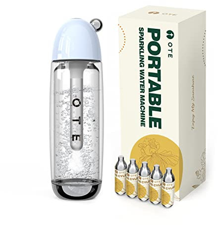 OTE Tragbarer Sprudelwasserbereiter mit 20 CO2-Zylindern, Sprudelwasser Maschine 450ml Compact Size Soda Maker, Sicherer Persönlicher PET-Seltzer Stream Karbonisator, Kein Strom, BPA-Frei (Blau)