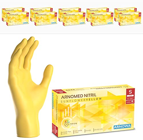 1000 Stk (10x100) ARNOMED Einweghandschuhe Gelb, Einmalhandschuhe S, Nitril Handschuhe Einweg, Nitrilhandschuhe puderfrei, Gummihandschuhe Einweg, Schutzhandschuhe, Handschuhe Nitril in S, M, L, XL
