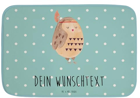 Mr. & Mrs. Panda Personalisierter Badvorleger Eule Federschmuck - Personalisierte Geschenke, Abenteuer, entspannt, Wunschname, Badematte mit Namen,