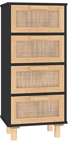 vidaXL Sideboard mit Schubladen Schrank Anrichte Beistellschrank Kommode Schubladenschrank Schwarz 40x30x90cm Massivholz Kiefer Natur-Rattan