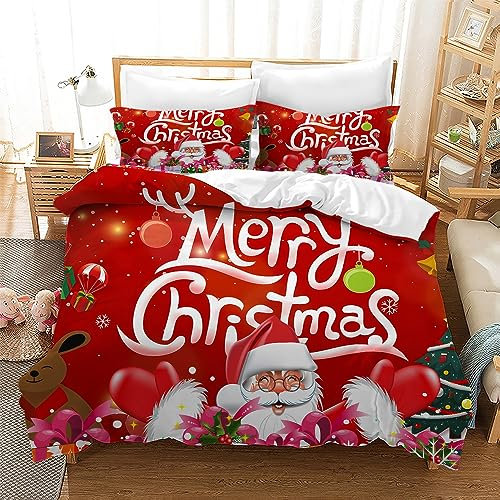 Gegeryozer Weihnachten Bettwäsche Sets,Weihnachtstag Thema Bettbezug,Santa Elch rot Bettbezug mit Kissenbezug für Jungen und Mädchen (C6,135×200 cm)