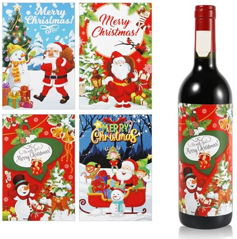 24 Stück Weihnachts Weinflaschen Aufkleber, Weihnachts Flaschenetiketten Weihnachts Weinflaschen Aufkleber Weinflaschen Etiketten Aufkleber für Weihnachts Party Dekorationen (4 Designs)