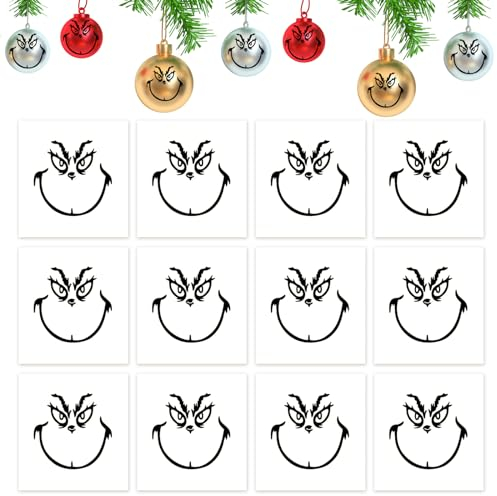 12 Stück Weihnachtsdekorationen Aufkleber für Ornamente, Weihnachtsdekoration Abziehbilder, DIY Gesicht Aufkleber für Weihnachtskugeln, Grinch Cling Stickers Decals für Xmas Window Display Dekoration
