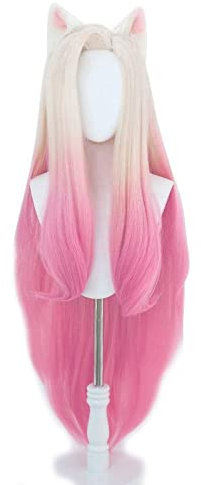 KDA Baddest Ahri Cosplay Wigs KDA Cosplay Blonde Mixed Pink Wigs with Ears Heat Resistant Synthetic Hair Game Cos