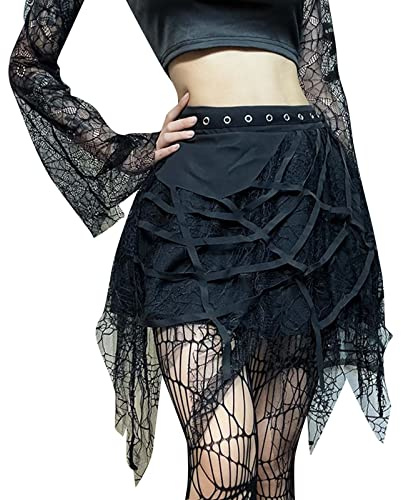 Gothic-Rock, Damen, Minikleid, aus Spinnennetz, Punk, Röcke, einfarbig, hohe Taille, sexy und modisch, für Halloween, Maskerade, Schwarz , L