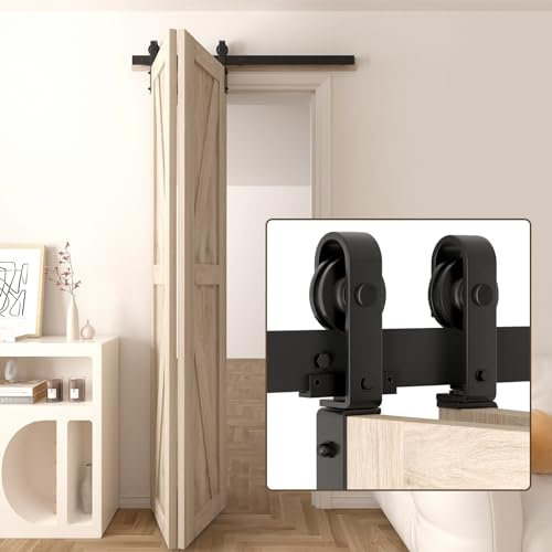 Enconker Kit de herrajes para puerta corredera de granero plegable de 36 pulgadas para 2 puertas, sistema de riel modular con rodillos montados laterales, solución plegable suave y que ahorra espacio,