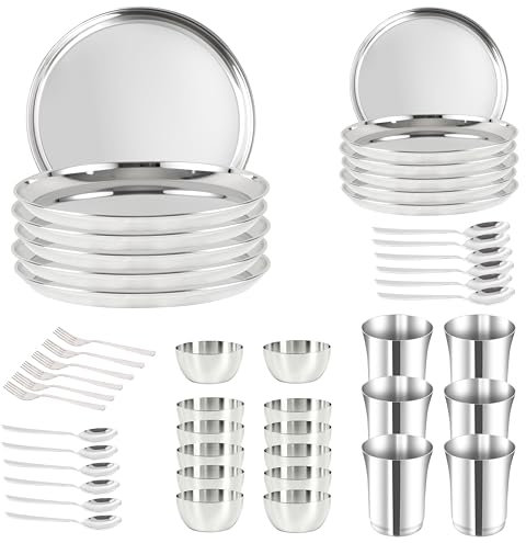 WG inc Service de table réutilisable en acier inoxydable de qualité supérieure pour 6 personnes (48 pièces, assiettes, bols, gobelets, fourchettes et cuillères) pour la maison, la cuisine, le camping