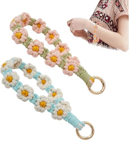 RHQFDM 2 Stücke Schlüsselanhänger Blume, Niedlicher Schlüsselanhänger Armband, Damen keychain Kombinatorisch, Schlüssselanhänger Makramee der als Geschenk Verwendet Werden Kann (Rosa+Weiß)