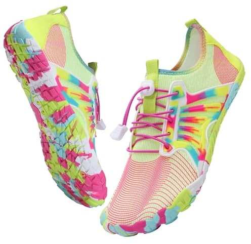 IceUnicorn Barfußschuhe Damen Herren Breite Traillaufschuhe Zehenschuhe Unisex Schwimmschuhe Strandschuhe Aquaschuhe(Gelb Rosa, 38EU)