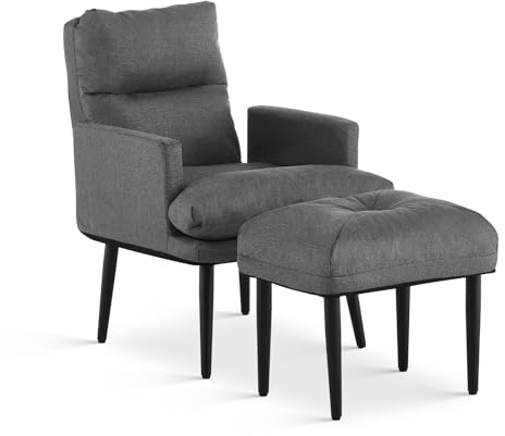 TUKAILAI Relaxsessel mit liegefunktion,Fernsehsessel mit Hocker, Ohrensessel mit Metallbeinen, Fußhocker, Liegesessel mit schlaffunktion, Polstersessel,Sessel Wohnzimmer, tv Sessel, Leinen Dunkelgrau