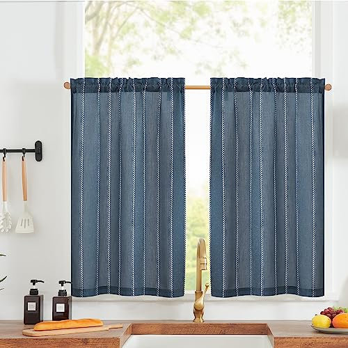 Vangao Nautische Scheibengardinen Küche Gestreifte Leinenoptik Gardinen Kurzer Vorhang Modern Boho Küchenvorhang,Lichtfilterung Fenstergardinen für Wohnzimmer Badezimmer 65Bx60H(cm) 2er Set Blau