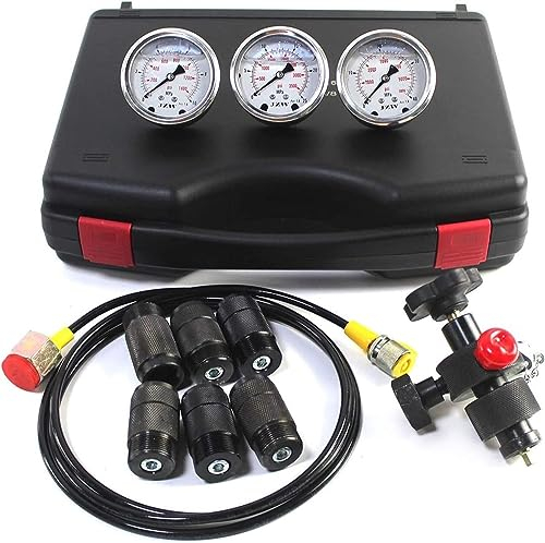 Stickstoffdruck -Test -Kit , Hydraulischer Stickstoff -Akkumulator -Ladesystem Druckmessgerät Diagnosewerkzeug mit 3 Messgeräten, 7 Kupplungen und 1 Gasschlauch