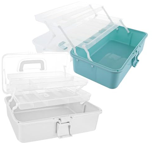 ZOFUN 3 Layers Craft Storage Boxes Pack of 2, 33 x 18 x 14 cm Multipurpose Storage Boxes with Compartments, Blue/White Medication Storage Box, Portable Craft Caddy for Arts Crafts Sewing