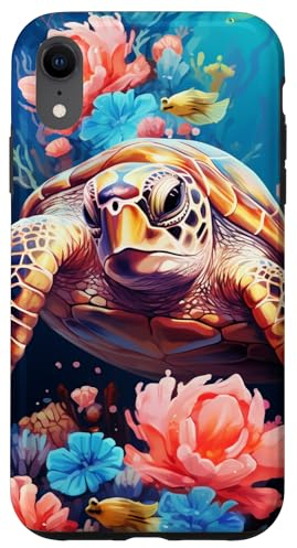 Hülle für iPhone XR Niedliche Schildkröte, florales blaues Meer Koralle und Muscheln