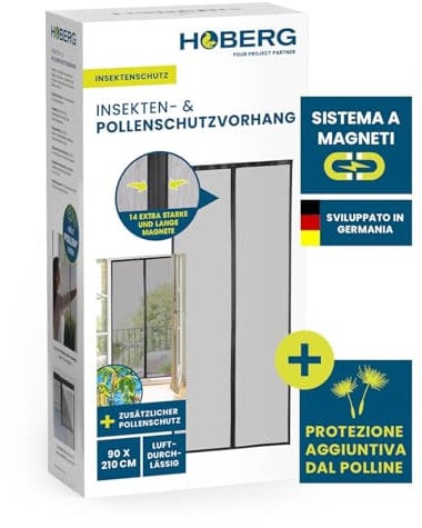 HOBERG Tenda per insetti e polline | Zanzariera per porta con bande magnetiche XXL | Zanzariera per porta del balcone | Zanzariera per polline - ideale anche come zanzariera | 90 x 210 cm