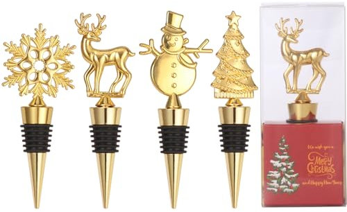 Set of 4 Alloy Wine Bottle Stoppers - Reusable, Decorative, Perfect for Christmas Party Favors (Gold)